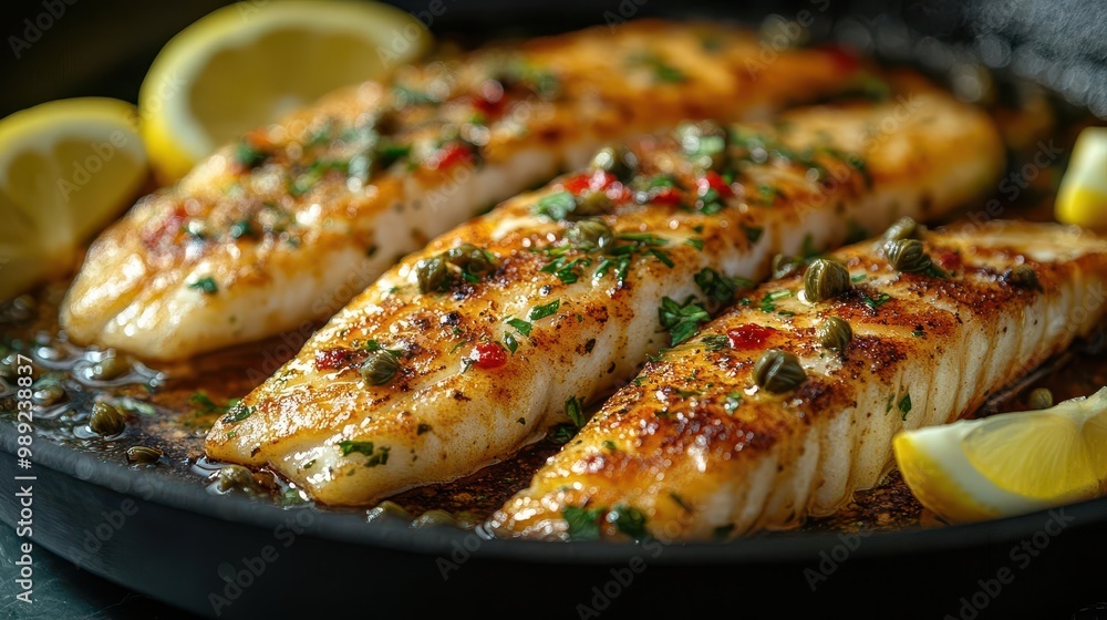 sizzling sole fish in rustic cast iron pan butter melting over crispy skin bright lemon wedges and scattered capers add pops of color against the goldenbrown fish sizzling sole fish in rustic cast iron pan butter melting over crispy skin bright lemon wedges and scattered capers add pops of color against the goldenbrown fish
