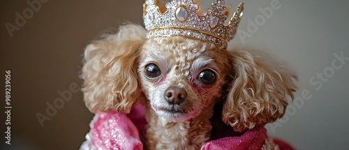 Adorable Poodle Dressed as a Regal Princess Wearing a Sparkling Tiara Crown and Glamorous Glittery Cape  Whimsical and Imaginative Pet Portrait in a Studio Setting photo