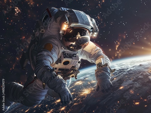 Astronaut performing a spacewalk, floating above Earth's surface. The reflection of Earth and stars is visible on the helmet visor,   vastness of space and the delicate balance of human exploration. photo