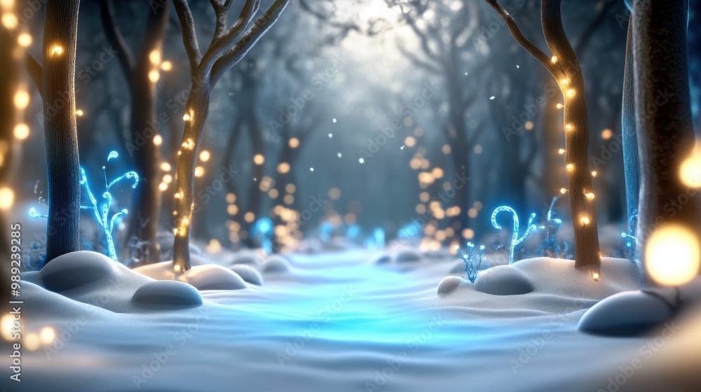 Obraz premium Enchanted winter forest with glowing snow, magical creatures in the distance, and a soft blue glow illuminating the scene. A fantasy winter wonderland.