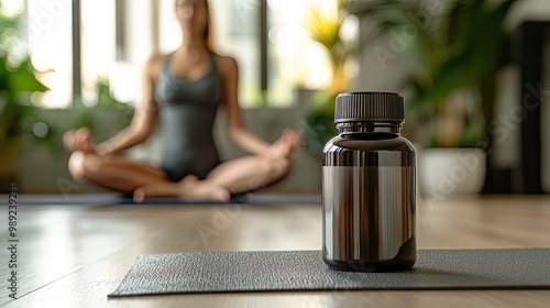 A woman is sitting on a mat with a bottle of pills in front of her. The bottle is black and has a white label. Generative AI