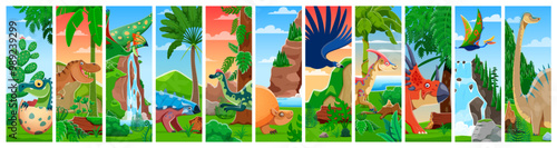 Collage with cartoon prehistoric dinosaurs and dino kids characters. Cute jurassic dinosaurs in prehistoric forest. Funny tyrannosaurus, diplodocus, tapejara, ankylosaurus and baby sarcosuchus