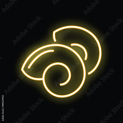 Yellow neon sign illuminating a spiral shape on a black background