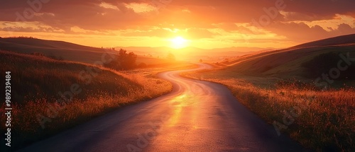 Bright sunrise illuminating a winding road through a rural scenic landscape symbolizing the start of a new path and journey of growth adventure and opportunity photo