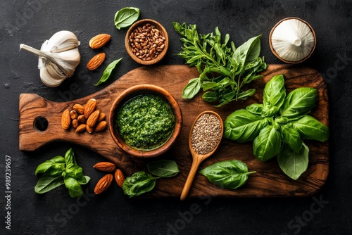 A beautiful flat lay of fresh herbs, nuts, and seeds for a healthy pesto sauce, arranged on a rustic wooden cutting board photo