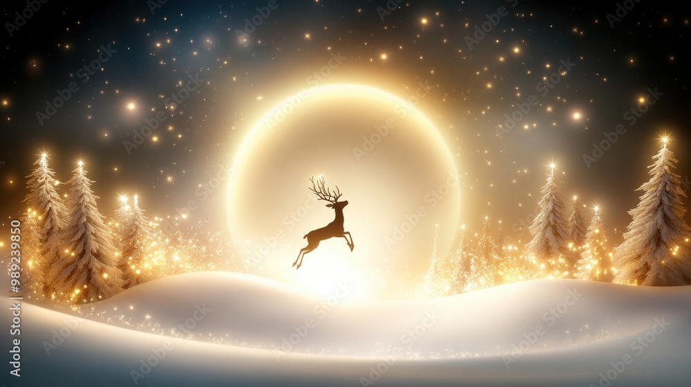 Naklejka premium Festive Christmas background featuring a silhouette of reindeer leaping through a snowy forest, with twinkling stars and a glowing moon in the background.