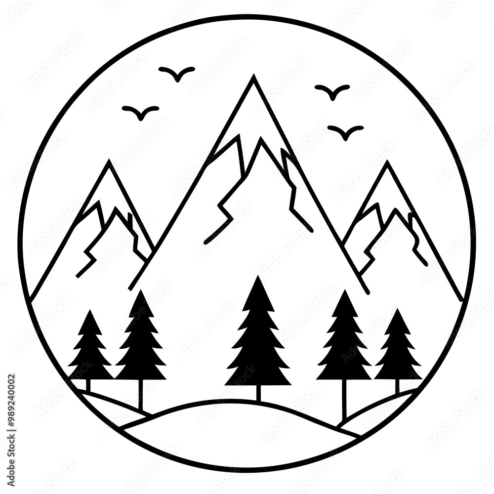 Obraz premium Line Art Vector of Mountains Framed by Pines with Birds Overhead