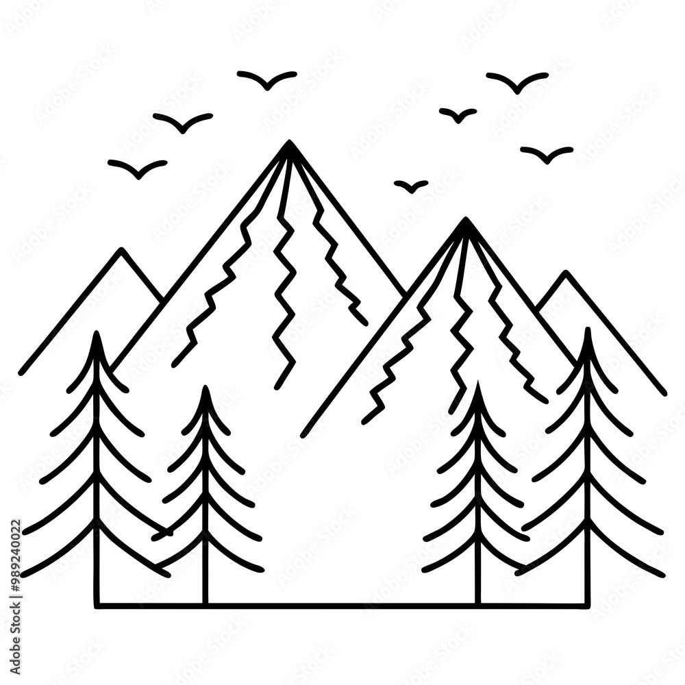 Obraz premium Line Art Vector of Mountains Framed by Pines with Birds Overhead