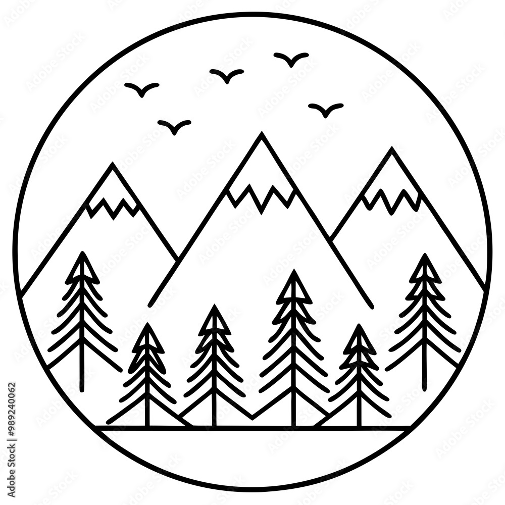 Obraz premium Line Art Vector of Mountains Framed by Pines with Birds Overhead