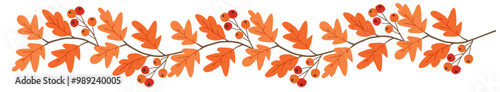 Fall floral garland. Orange autumn leaves, red rowan berries decorative frame isolated on white background. easonal banner, poster, card. Washi tape design. Hand drawn vector illustration, flat style