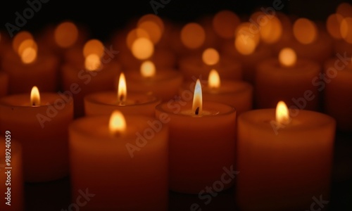 Softly glowing candles, warm atmosphere, candlelight vigil setting, peaceful ambiance