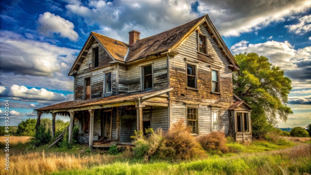 Old wooden house is slowly decaying in a field as nature reclaims the property Old wooden house is slowly decaying in a field as nature reclaims the property