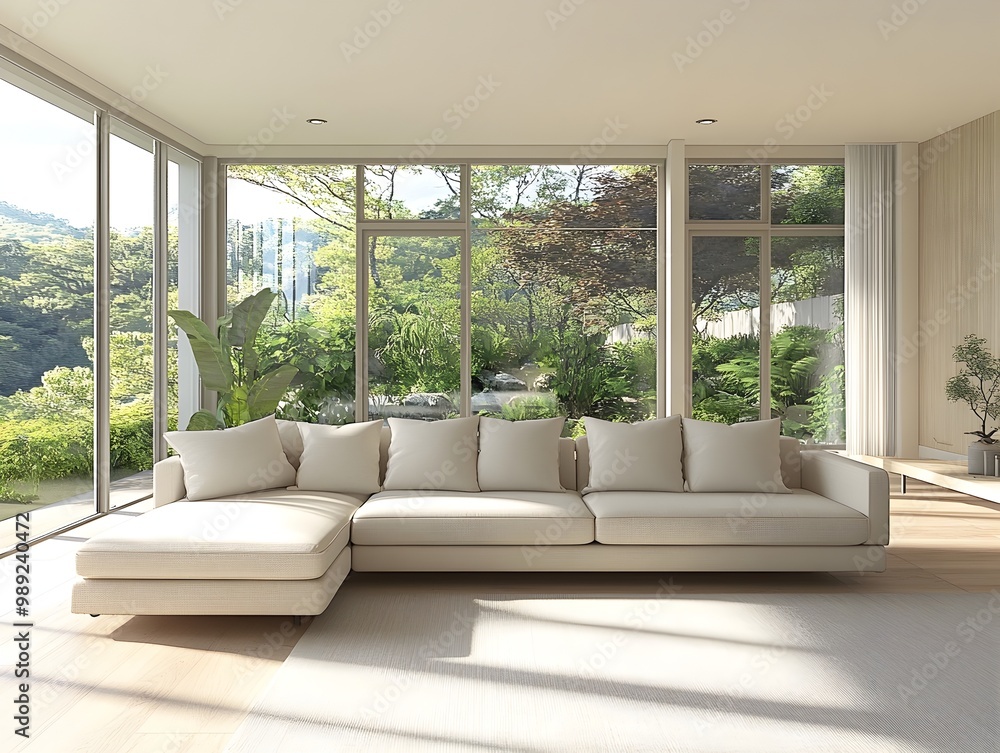 Cozy and inviting modern living room with a large comfortable sectional sofa and minimalist stylish decor Bright and airy with large windows overlooking a lush outdoor landscape Cozy and inviting modern living room with a large comfortable sectional sofa and minimalist stylish decor Bright and airy with large windows overlooking a lush outdoor landscape