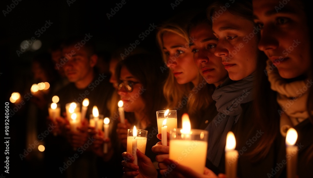 Close-up of people holding candles, solemn atmosphere at a vigil with soft candlelight Close-up of people holding candles, solemn atmosphere at a vigil with soft candlelight