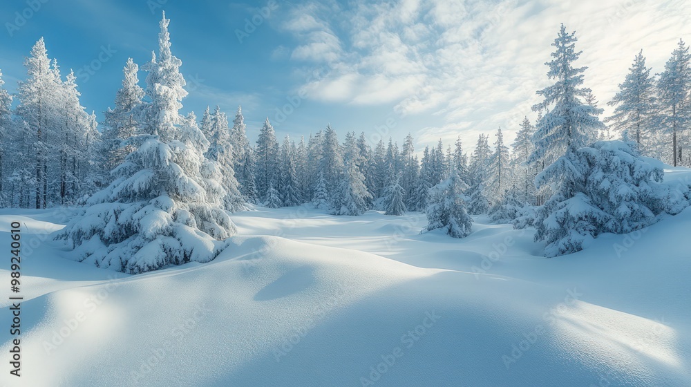 Fototapeta premium Snow-covered pine trees stand tall in a winter wonderland, sunlight casting long shadows across the pristine landscape.