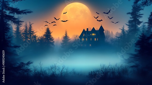 A spooky landscape featuring a haunted house under a full moon with bats, creating an eerie atmosphere.