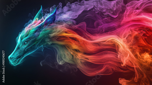 fantastical animal emerges from swirling rainbow colored smoke, captivating with its vibrant hues and ethereal presence. This mesmerizing creature embodies creativity and imagination
