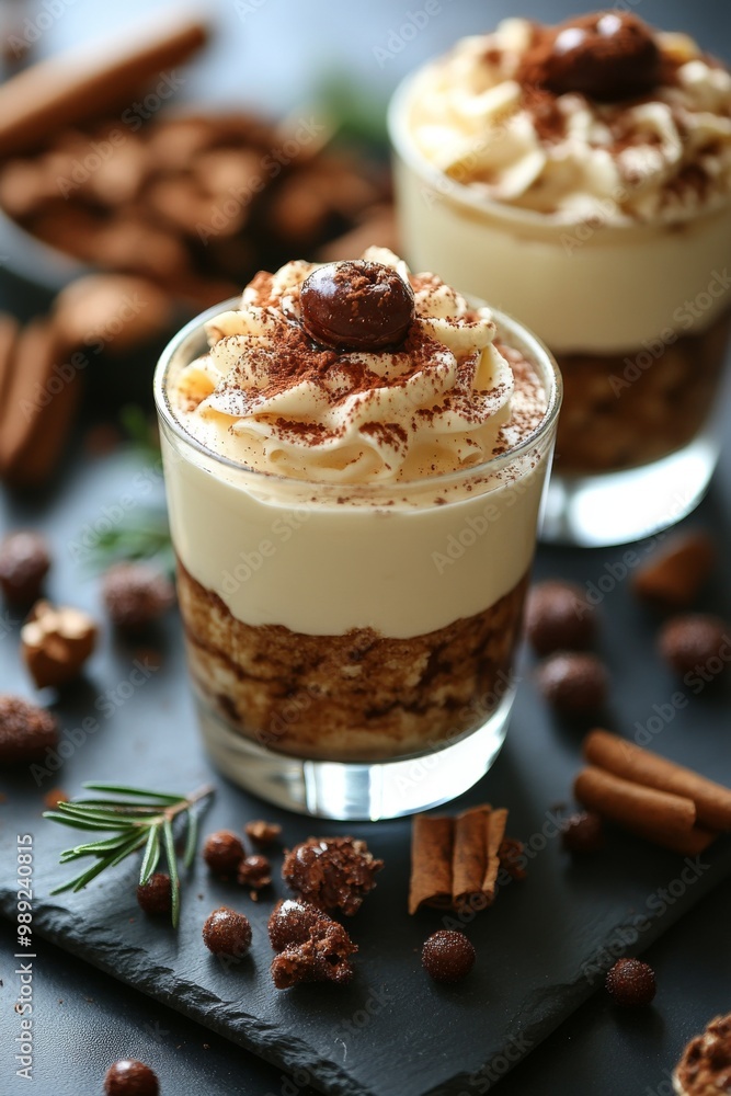 Tiramisu, served in glass. on slate surface. Italian tiramisu cake. studio lighting. Tiramisu, served in glass. on slate surface. Italian tiramisu cake. studio lighting.