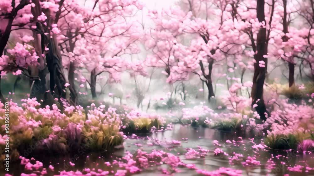 A misty forest scene with a tranquil stream flowing through the center, surrounded by cherry blossom trees, A tranquil forest with cherry blossom trees in bloom A misty forest scene with a tranquil stream flowing through the center, surrounded by cherry blossom trees, A tranquil forest with cherry blossom trees in bloom