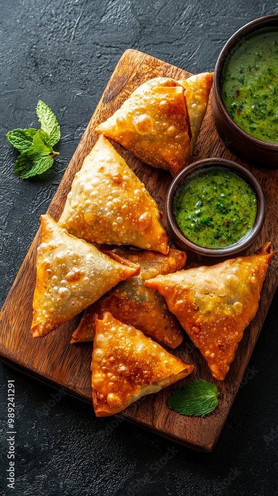 A beautiful arrangement of Indian samosas with mint chutney and tamarind sauce, served on a rustic wooden platter A beautiful arrangement of Indian samosas with mint chutney and tamarind sauce, served on a rustic wooden platter
