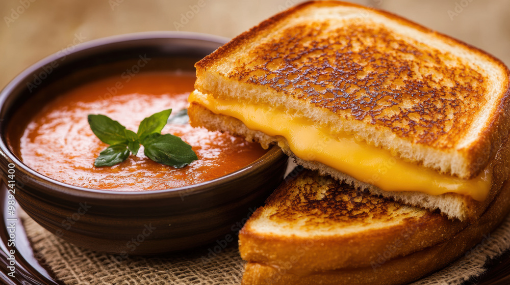 Warm grilled cheese sandwiches with crispy edges are served alongside bowl of rich tomato soup, garnished with fresh basil for comforting meal Warm grilled cheese sandwiches with crispy edges are served alongside bowl of rich tomato soup, garnished with fresh basil for comforting meal