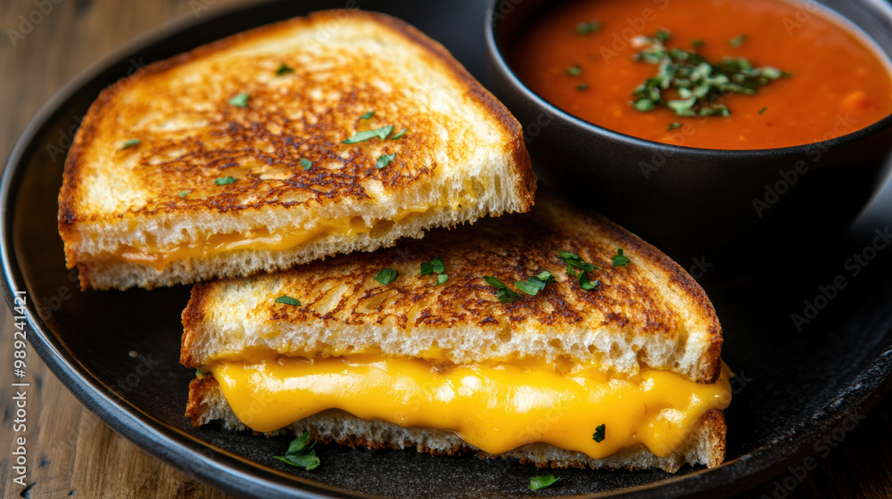 Delicious grilled cheese sandwiches with crispy edges served alongside warm bowl of tomato soup, perfect for comforting meal Delicious grilled cheese sandwiches with crispy edges served alongside warm bowl of tomato soup, perfect for comforting meal