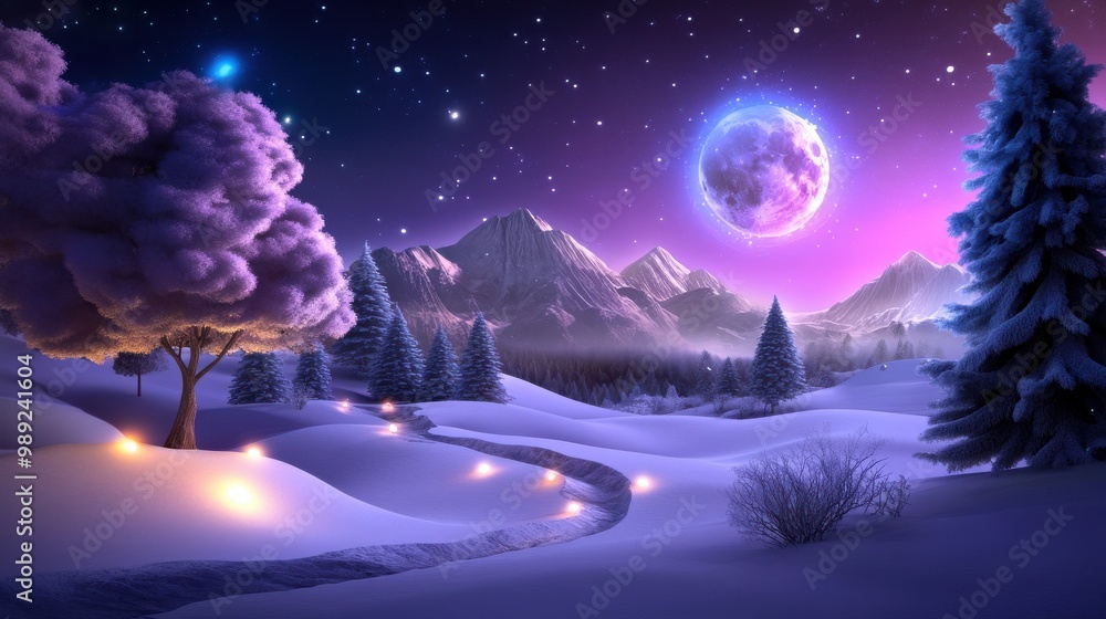 Frozen fantasy forest with snow-covered mystical trees, glowing lights, and a magical winter moon casting light over the landscape.