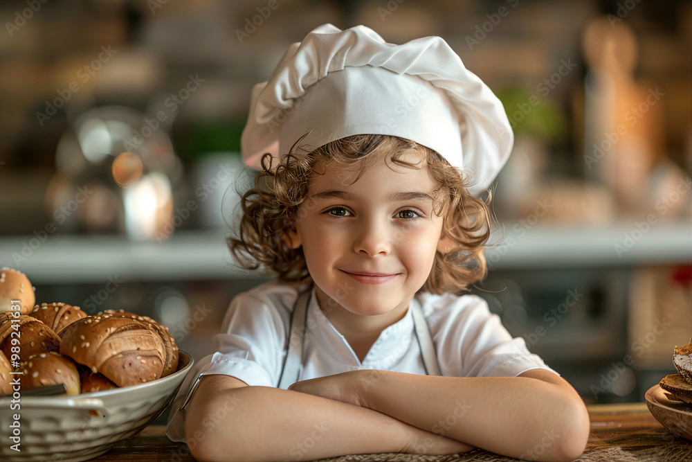 AI generated photo of cute nice child wear adult costume chef culinary concept AI generated photo of cute nice child wear adult costume chef culinary concept