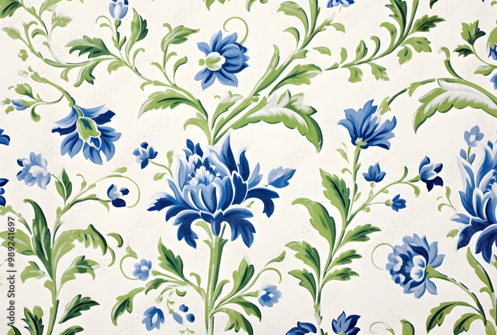 Obraz premium Vintage French Floral Fabric Pattern Blue Green White