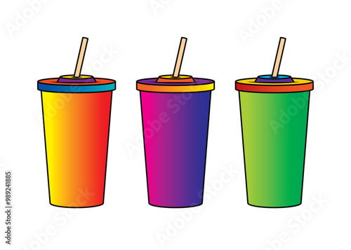 Fast food plastic cup with straw. Hot or cold drink. Original vector illustration in vintage style.