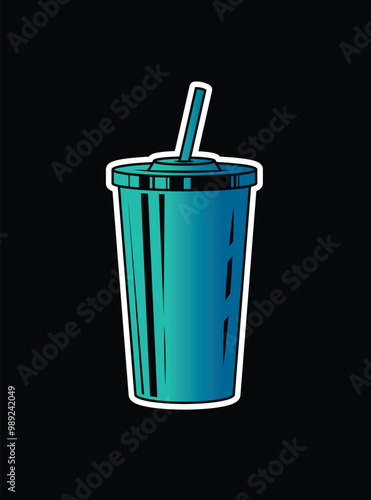 Fast food plastic cup with straw. Hot or cold drink. Original vector illustration in vintage style.