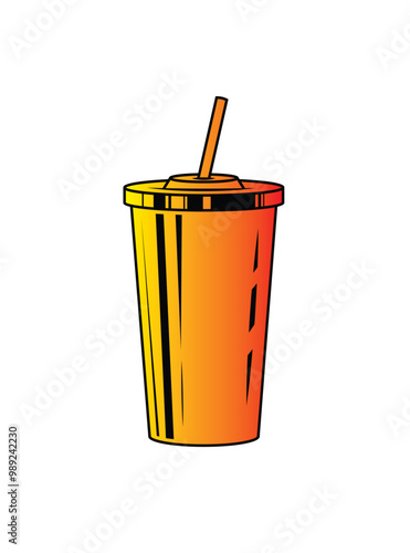 Fast food plastic cup with straw. Hot or cold drink. Original vector illustration in vintage style.