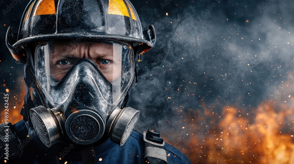 Firefighter wearing a mask in smoke with flames in the background, serious expression. Firefighter wearing a mask in smoke with flames in the background, serious expression.