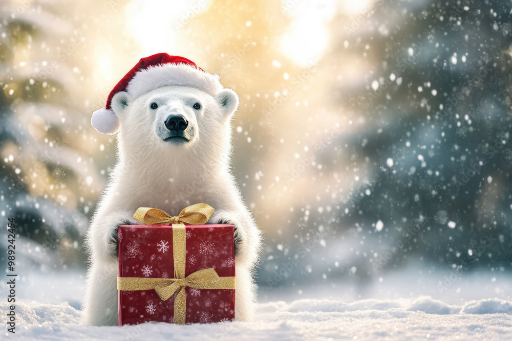 Polar bear cub wearing a santa hat holding a christmas present in a snowy forest Polar bear cub wearing a santa hat holding a christmas present in a snowy forest