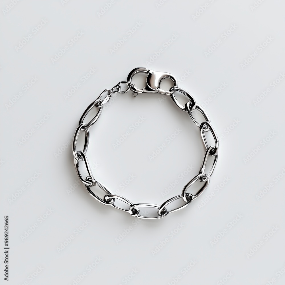 Shiny silver chain bracelet showcasing a modern design with a secure clasp, perfect for adding elegance to any outfit. Shiny silver chain bracelet showcasing a modern design with a secure clasp, perfect for adding elegance to any outfit.