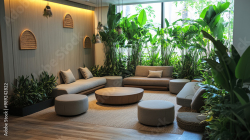 Corporate meditation nook with modern furniture, lush greenery, and a soft, inviting atmosphere for a calming break