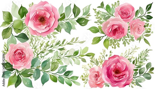 Delicate Watercolor Pink Roses and Lush Greenery for Elegant Design Inspiration