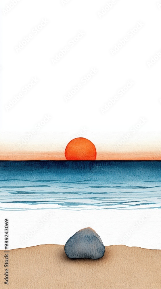 Stunning sunset over serene ocean viewed from a sandy beach, featuring a smooth rock in the foreground, creating a tranquil atmosphere. Stunning sunset over serene ocean viewed from a sandy beach, featuring a smooth rock in the foreground, creating a tranquil atmosphere.