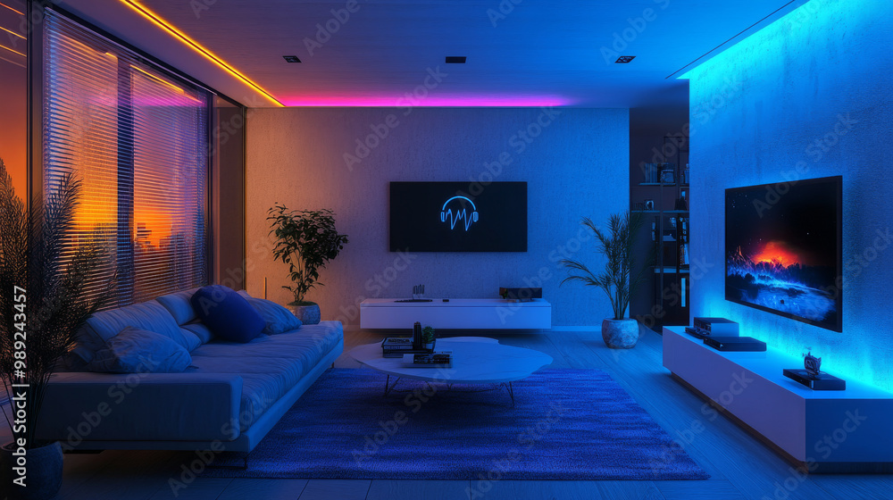 Futuristic smart living room with automated blinds, smart TV, voice-controlled lighting, and intelligent climate control Futuristic smart living room with automated blinds, smart TV, voice-controlled lighting, and intelligent climate control
