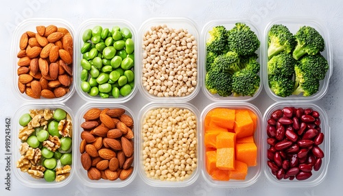 A vibrant assortment of healthy snacks, including nuts, legumes, and fresh vegetables, neatly arranged in clear containers. photo