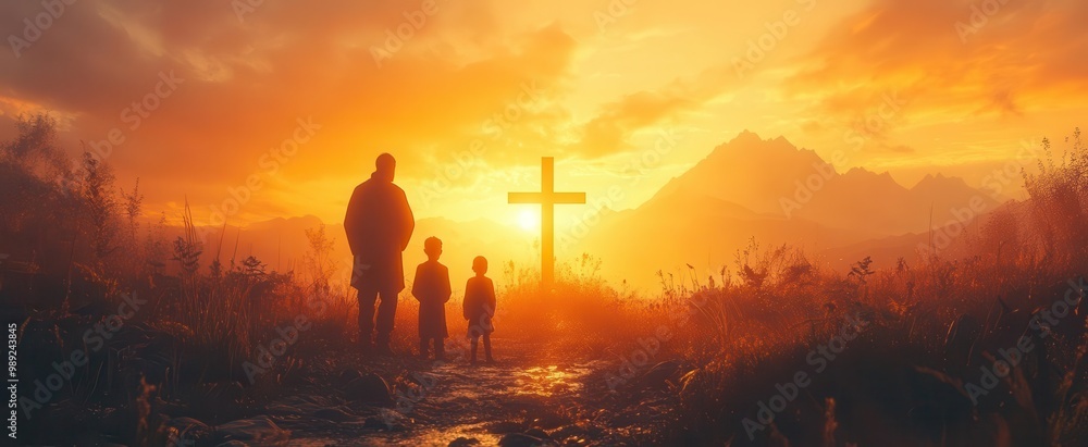 silhouette of family praying at sunset reverent figures gathered before illuminated cross creating powerful spiritual scene warm golden light bathes landscape in ethereal glow silhouette of family praying at sunset reverent figures gathered before illuminated cross creating powerful spiritual scene warm golden light bathes landscape in ethereal glow