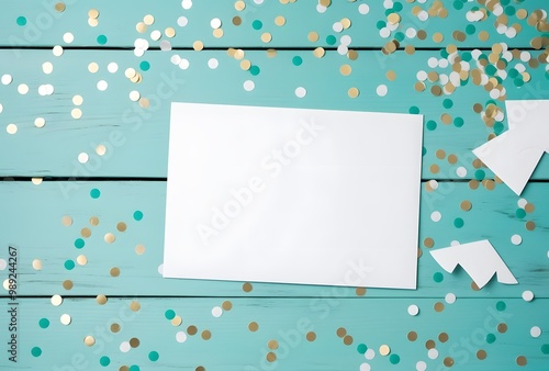 Blank Greeting Card on Turquoise Table with Confetti