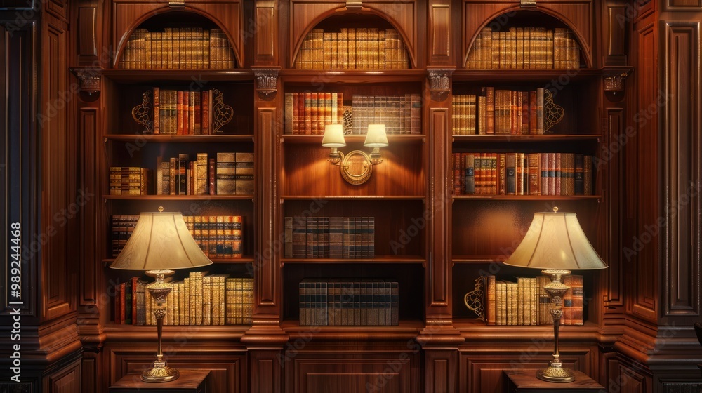 Elegant Wooden Bookshelf with Lamps Elegant Wooden Bookshelf with Lamps
