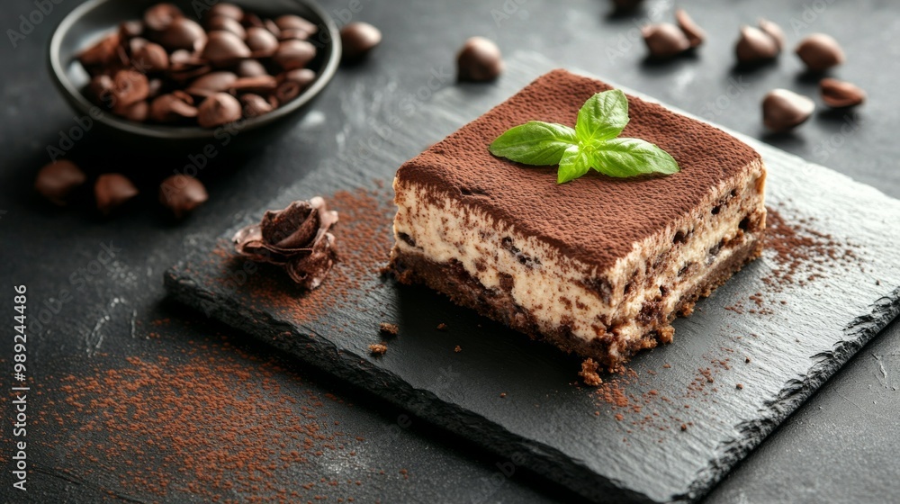 Tiramisu, served on dark slate. Italian tiramisu cake. studio lighting. Tiramisu, served on dark slate. Italian tiramisu cake. studio lighting.