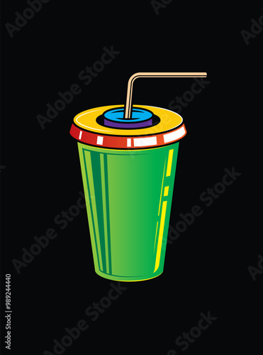 Fast food plastic cup with straw. Hot or cold drink. Original vector illustration in vintage style.