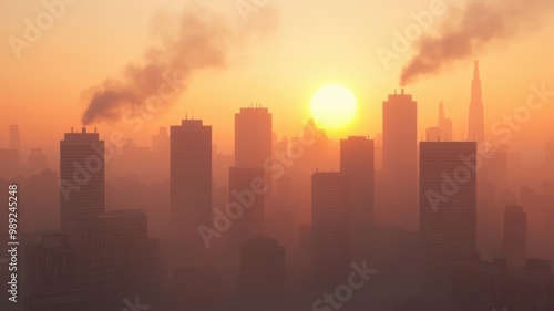 A hazy skyline silhouette under a vibrant sunrise, accentuated by smoke rising from buildings, representing urban life and environmental challenges.