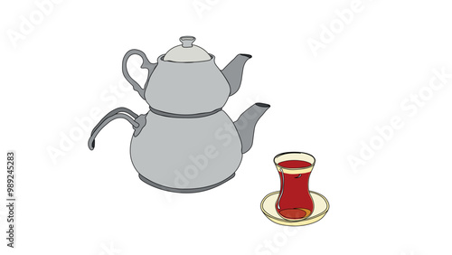 metallic teapot and Black tea in glass tea cup vetor illustration. Turkish authentic traditional black tea in a classic turkish glass and kettle. tea set.