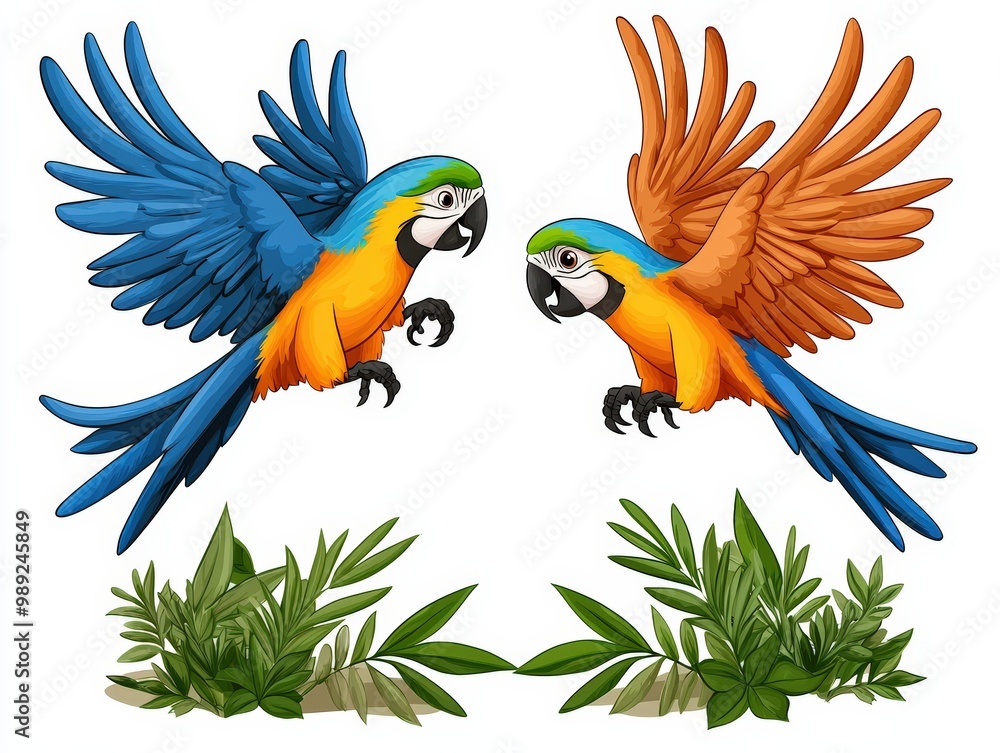 Fototapeta premium Two colorful parrots in flight above lush greenery, showcasing vibrant feathers and lively poses in a tropical scene.