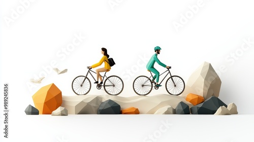 Two cyclists navigate a stylized landscape of rocks and geometric shapes, promoting outdoor adventures and healthy lifestyles. photo