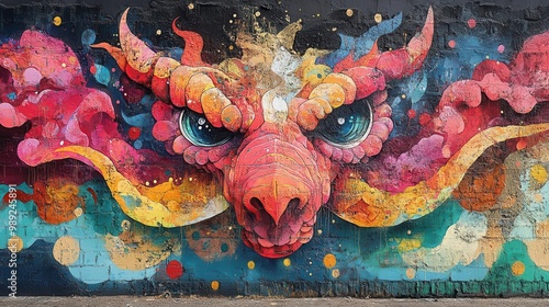 street art mural depicting fantastical creatures and abstract forms in vibrant spray paint style photo